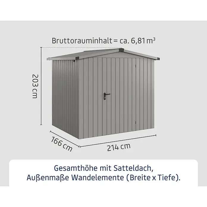 EcoStar Gerätehaus Euroline Trend ESD4 - Außenbreite inkl. Dachüberstand: 237 cm, Außentiefe inkl. Dachüberstand: 181 cm, Stahl, Graualuminium, Einzeltür - Graues Gartenhaus aus Metall mit Satteldach, Außenmaßen (H 203cm, B 214cm, T 166cm) und einem Bruttorauminhalt von 6,81 m³.