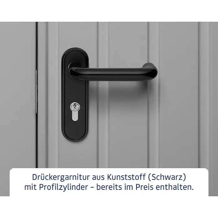 EcoStar Gerätehaus Euroline Trend ESD3 - Außenbreite inkl. Dachüberstand: 237 cm, Außentiefe inkl. Dachüberstand: 134 cm, Stahl, Graualuminium, Doppeltür - Schwarze Kunststoff-Drückergarnitur mit Profilzylinder, bereits im Preis enthalten, für moderne Türen.