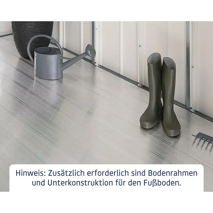EcoStar Gerätehaus-Fußboden - Passend für: EcoStar Gerätehaus Euroline ESD5/ EFD5/ PD5 - Bild eines Gartenhauses mit Gießkanne und Gummistiefeln. Hinweis: Bodenrahmen und Unterkonstruktion für den Fußboden sind zusätzlich erforderlich.