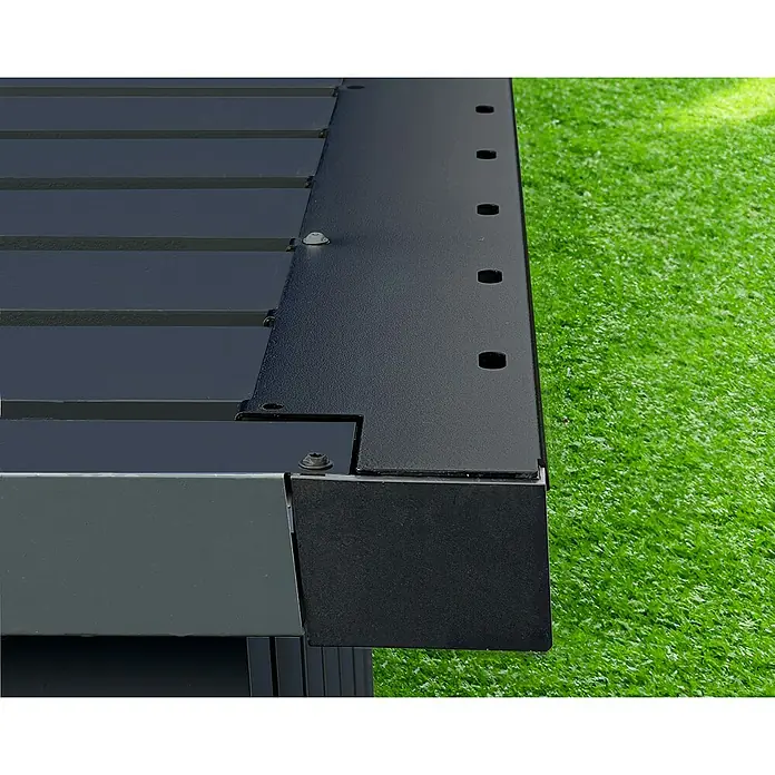 EcoStar Laubabdeckung - Passend für: EcoStar Gerätehaus Euroline Trend ESD7, ESD11 & ESD14, Schwarz - Nahaufnahme eines modernen, schwarzen Outdoor-Tisches mit präzisen Details und klaren Linien, ideal für Garten oder Terrasse.