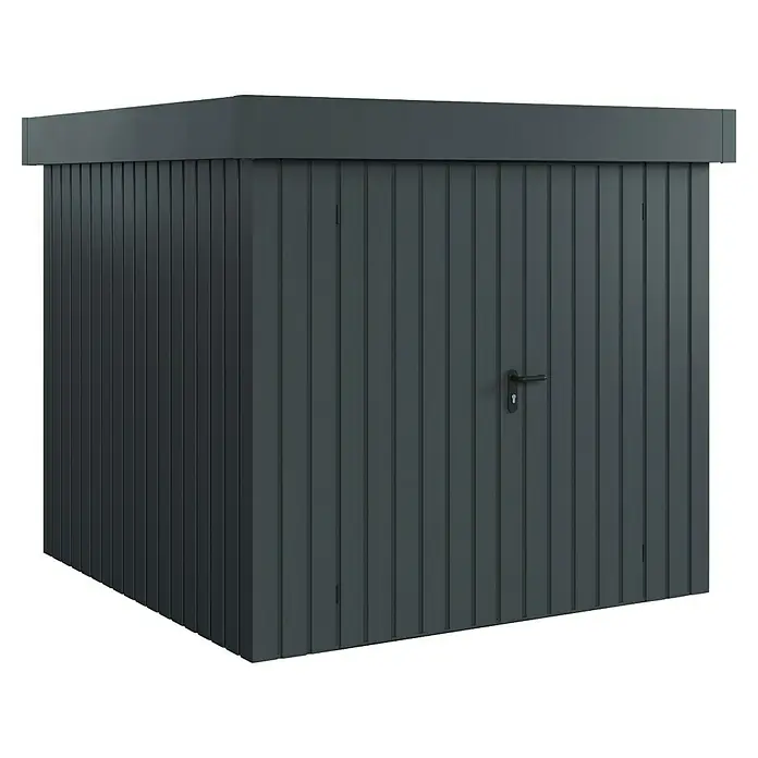 EcoStar Gerätehaus Euroline Trend EFD5 - Außenbreite inkl. Dachüberstand: 237 cm, Außentiefe inkl. Dachüberstand: 229 cm, Stahl, Anthrazitgrau, Doppeltür - Dunkelgrauer Metall-Gartenschuppen mit vertikalen Wellblechpaneelen und schwarzem Griff für die Außenlagerung.
