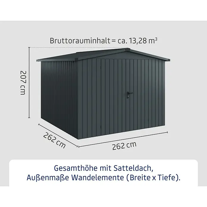 EcoStar Gerätehaus Euroline Trend ESD10 - Außenbreite inkl. Dachüberstand: 285 cm, Außentiefe inkl. Dachüberstand: 278 cm, Stahl, Anthrazitgrau, Doppeltür - Dunkelgrauer Geräteschuppen mit Satteldach, 262x262x207 cm groß und ca. 13,28 m³ Volumen.