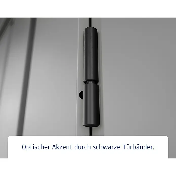 EcoStar Gerätehaus Euroline Trend ESD3 - Außenbreite inkl. Dachüberstand: 237 cm, Außentiefe inkl. Dachüberstand: 134 cm, Stahl, Graualuminium, Doppeltür - Schwarzes Türband als optischer Akzent. Das elegante Band verleiht Türen einen modernen Look.