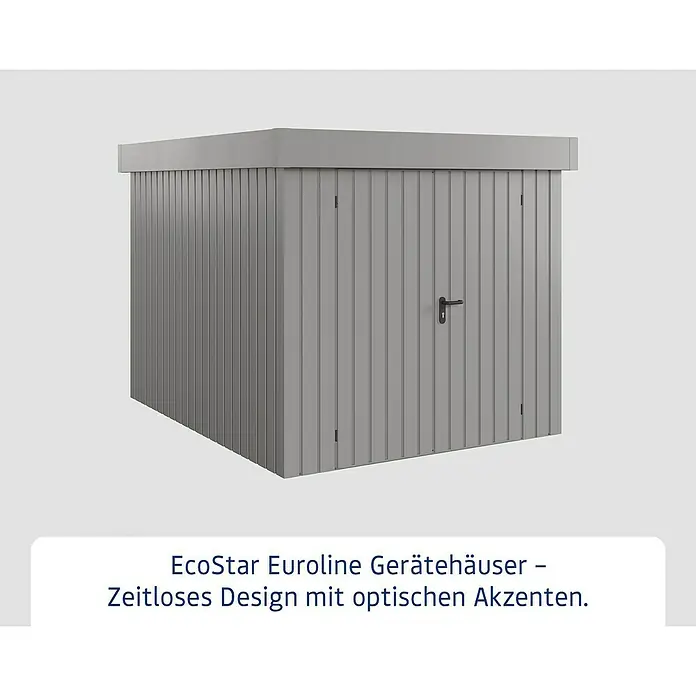 EcoStar Gerätehaus Euroline Trend EFD6 - Außenbreite inkl. Dachüberstand: 237 cm, Außentiefe inkl. Dachüberstand: 278 cm, Stahl, Graualuminium, Doppeltür - Graues EcoStar Euroline Gerätehaus mit vertikalen Paneelen und flachem Dach.