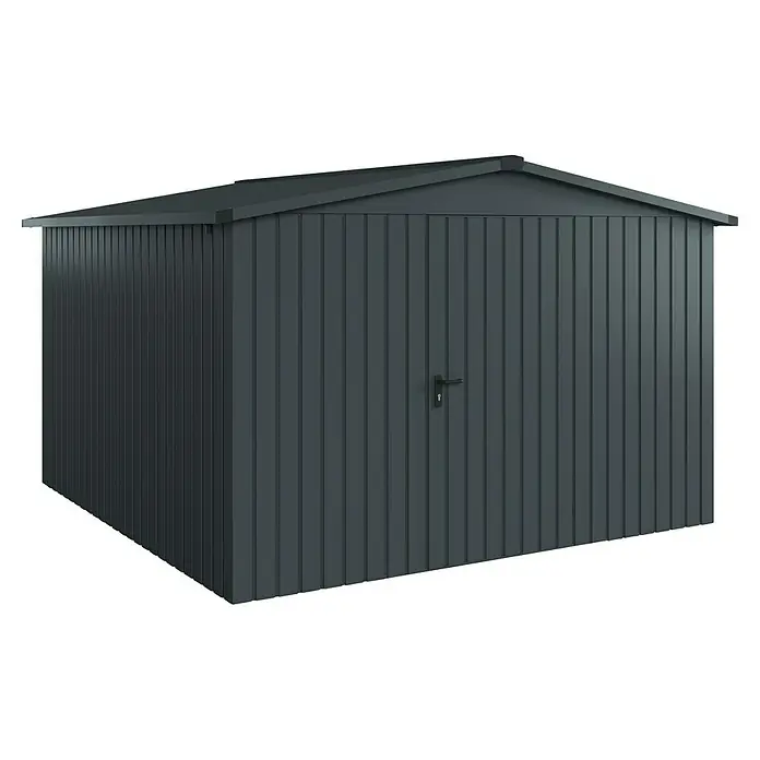 EcoStar Gerätehaus Euroline Trend ESD14 - Außenbreite inkl. Dachüberstand: 333 cm, Außentiefe inkl. Dachüberstand: 325 cm, Stahl, Anthrazitgrau, Einzeltür - Anthrazitfarbener Metallgeräteschuppen mit Schrägdach und Tür.