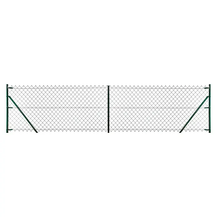 Floraworld Viereckgeflecht - L x H: 25 x 1,5 m, Moosgrün, Draht - Grüner Metallzaun mit Rautenmasche, bestehend aus zwei Abschnitten, gestützt von Pfosten und Diagonalstreben.