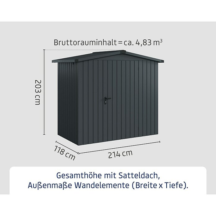 EcoStar Gerätehaus Euroline Trend ESD3 (Außenbreite inkl. Dachüberstand: 237 cm, Außentiefe inkl. Dachüberstand: 134 cm, Stahl, Anthrazitgrau, Einzeltür) | BAUHAUS