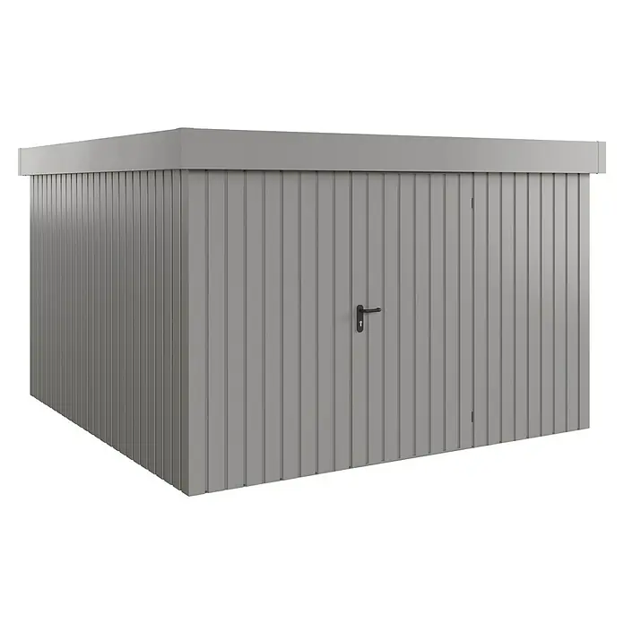 EcoStar Gerätehaus Euroline Trend EFD14 - Außenbreite inkl. Dachüberstand: 333 cm, Außentiefe inkl. Dachüberstand: 325 cm, Stahl, Graualuminium, Einzeltür - Graue Metallgarage oder Geräteschuppen mit vertikalen Paneelen und Flachdach, ausgestattet mit einer Einzeltür und schwarzem Griff.