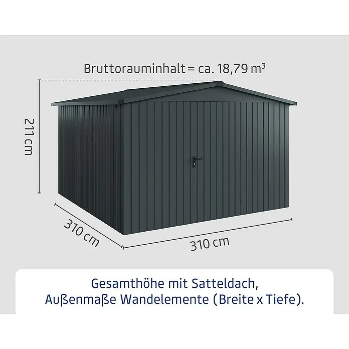EcoStar Gerätehaus Euroline Trend ESD14 - Außenbreite inkl. Dachüberstand: 333 cm, Außentiefe inkl. Dachüberstand: 325 cm, Stahl, Anthrazitgrau, Einzeltür - Dunkelgrauer Metall-Gartenschuppen mit Satteldach. Gesamthöhe 211 cm, Breite 310 cm, Tiefe 310 cm. Volumen ca. 18,79 m³.