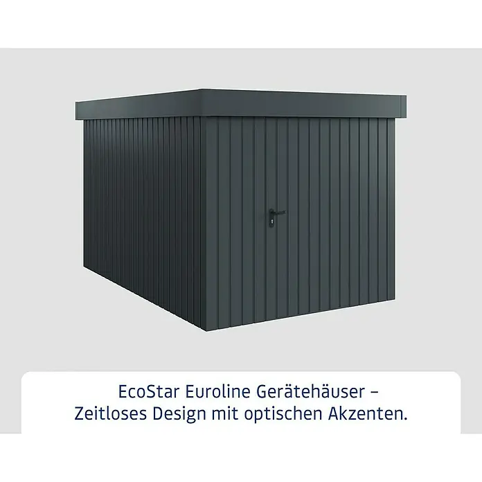 EcoStar Gerätehaus Euroline Trend EFD7 - Außenbreite inkl. Dachüberstand: 237 cm, Außentiefe inkl. Dachüberstand: 325 cm, Stahl, Anthrazitgrau, Einzeltür - Dunkelgraues EcoStar Eurolina Gerätehaus mit vertikalen Paneelen und Flachdach. Schwarzer Türgriff.