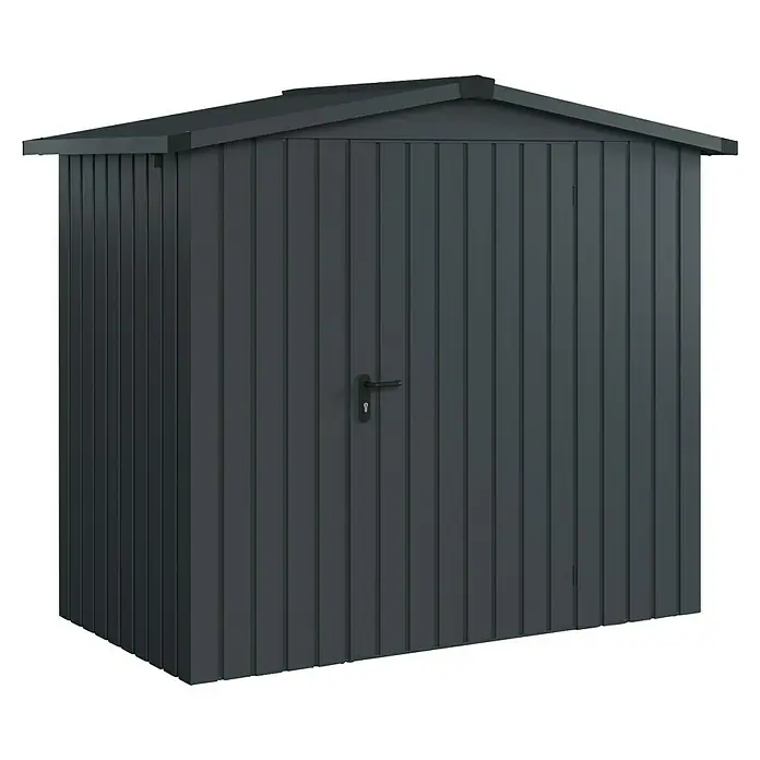 EcoStar Gerätehaus Euroline Trend ESD3 - Außenbreite inkl. Dachüberstand: 237 cm, Außentiefe inkl. Dachüberstand: 134 cm, Stahl, Anthrazitgrau, Einzeltür - Dunkelgrauer Geräteschuppen aus Metall mit vertikalen Paneelen und schrägem Dach.