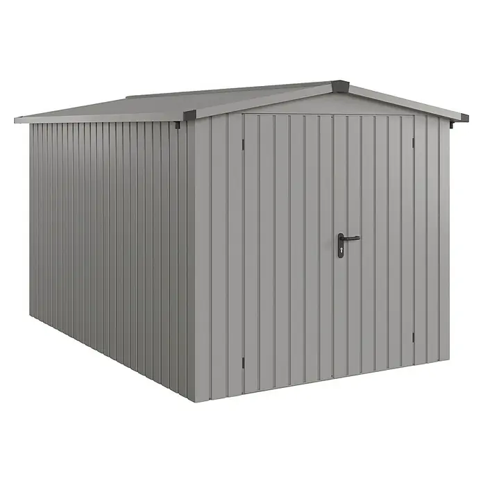 EcoStar Gerätehaus Euroline Trend ESD7 - Außenbreite inkl. Dachüberstand: 237 cm, Außentiefe inkl. Dachüberstand: 325 cm, Stahl, Graualuminium, Doppeltür - Graues Metall-Gartenhaus mit Satteldach und schwarzem Türgriff.