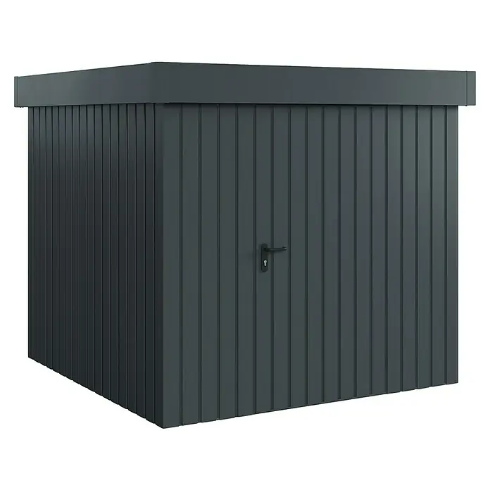 EcoStar Gerätehaus Euroline Trend EFD5 - Außenbreite inkl. Dachüberstand: 237 cm, Außentiefe inkl. Dachüberstand: 229 cm, Stahl, Anthrazitgrau, Einzeltür - Dunkelgraue Metall-Gartenbox mit vertikalen Paneelen und Türgriff.