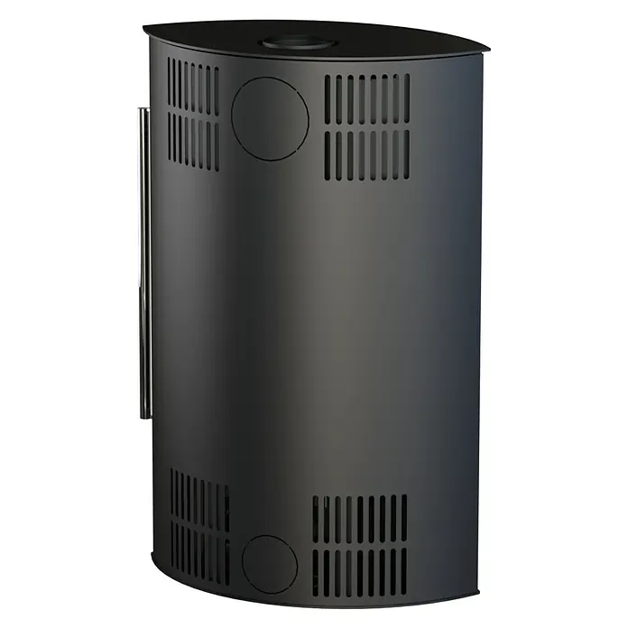 Kaminofen Elipso Max - 8 kW, Raumheizvermögen: 229 m³, Material Verkleidung: Stahl, Schwarz - Schwarzer zylindrischer Saunaofen mit vertikalen Lüftungsgittern.