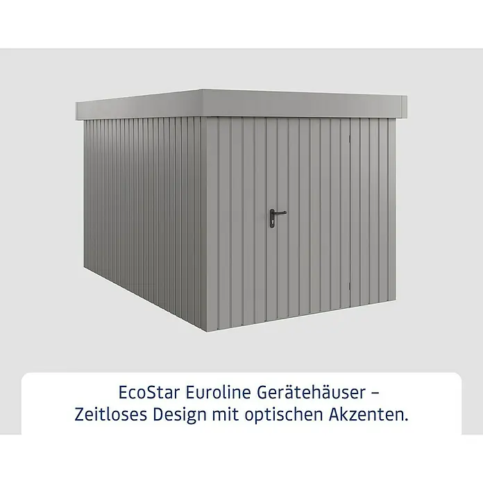 EcoStar Gerätehaus Euroline Trend EFD7 - Außenbreite inkl. Dachüberstand: 237 cm, Außentiefe inkl. Dachüberstand: 325 cm, Stahl, Graualuminium, Einzeltür - Graues EcoStar Euroline Gerätehaus mit vertikaler Verkleidung und dunklem Griff.