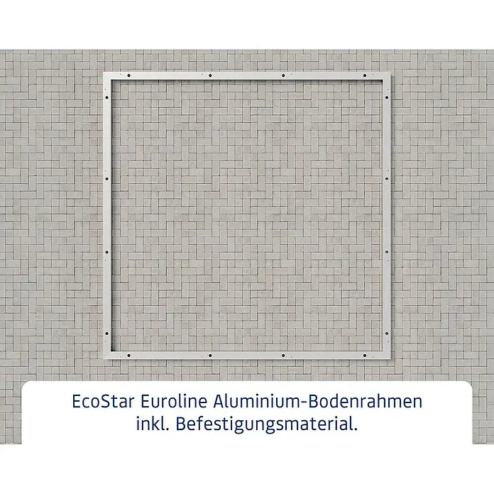 EcoStar Bodenrahmen - Passend für: EcoStar Gerätehaus Euroline Trend ESD5/ EFD5/ PD5 - EcoStar Euroline Aluminium-Bodenrahmen mit Befestigungsmaterial vor einer Wand mit kleinformatigen, grauen Fliesen.