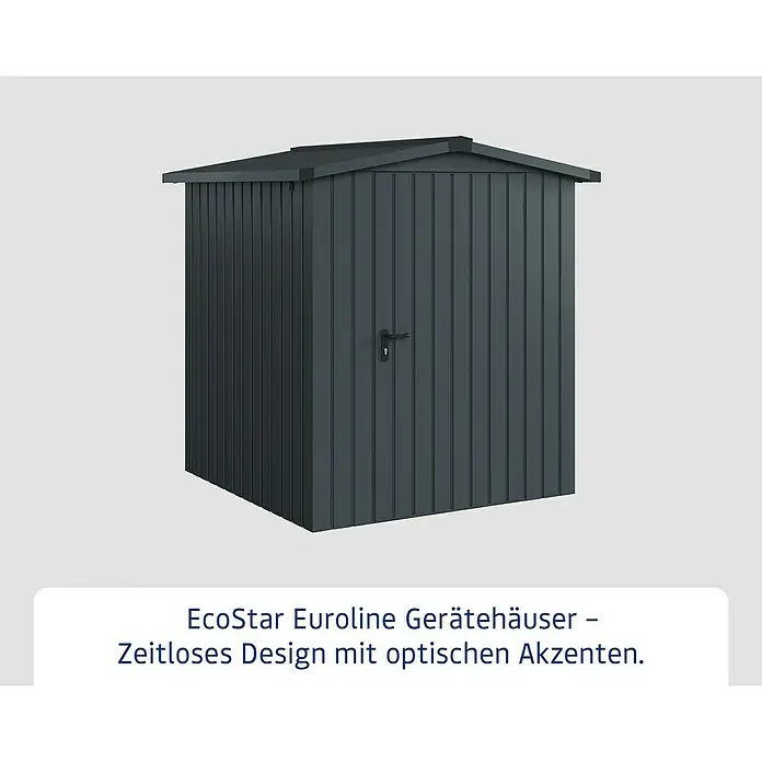 EcoStar Gerätehaus Euroline Trend ESD2 - Außenbreite inkl. Dachüberstand: 189 cm, Außentiefe inkl. Dachüberstand: 181 cm, Stahl, Anthrazitgrau - Anthrazitfarbenes Gerätehaus mit vertikaler Paneelierung und Flügeltür.