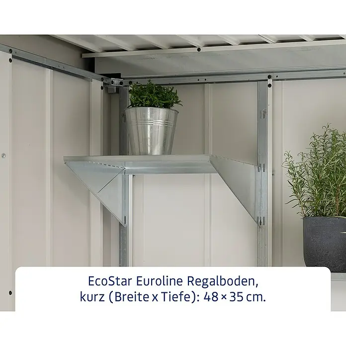 EcoStar Regalboden 480 - Breite: 108 cm, Passend für: EcoStar Gerätehaus Euroline Trend - EcoStar Euroline Regalboden kurz, 48x35cm. Das Regal ist aus Metall und bietet zusätzlichen Stauraum im Gartenhaus.