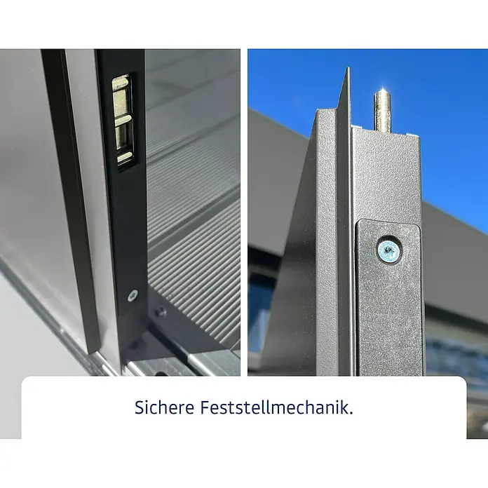EcoStar Gerätehaus Euroline Trend ESD3 - Außenbreite inkl. Dachüberstand: 237 cm, Außentiefe inkl. Dachüberstand: 134 cm, Stahl, Graualuminium, Doppeltür - Nahaufnahme einer grauen sicheren Metall-Feststellmechanik mit metallischem Bolzen und internen Komponenten.