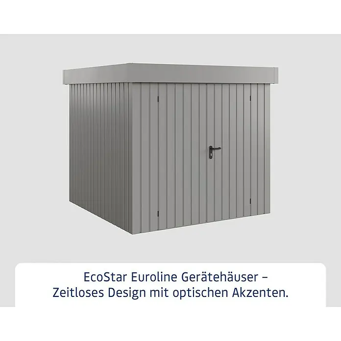 EcoStar Gerätehaus Euroline Trend EFD5 - Außenbreite inkl. Dachüberstand: 237 cm, Außentiefe inkl. Dachüberstand: 229 cm, Stahl, Graualuminium, Doppeltür - Graues EcoStar Euroline Gerätehaus mit gerippten Metallpaneelen und einer Tür.