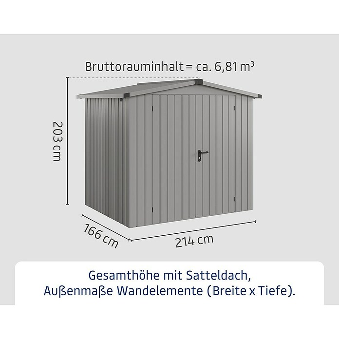 EcoStar Gerätehaus Euroline Trend ESD4 (Außenbreite inkl. Dachüberstand: 237 cm, Außentiefe inkl. Dachüberstand: 181 cm, Stahl, Graualuminium, Doppeltür) | BAUHAUS