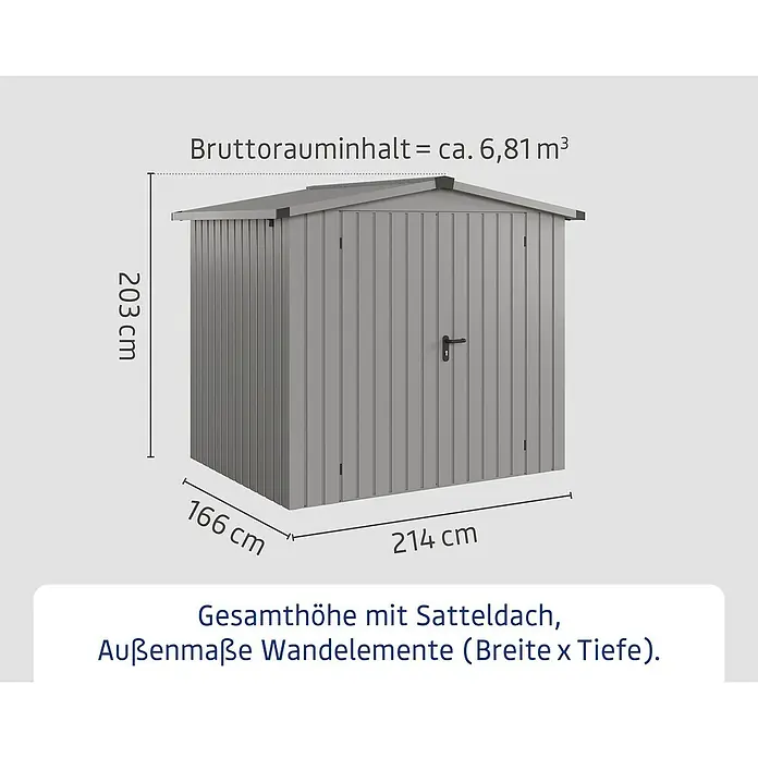 EcoStar Gerätehaus Euroline Trend ESD4 - Außenbreite inkl. Dachüberstand: 237 cm, Außentiefe inkl. Dachüberstand: 181 cm, Stahl, Graualuminium, Doppeltür - Graues Gartenhaus mit Satteldach und Außenmaßen: 214 cm Breite, 166 cm Tiefe, 203 cm Höhe. Bruttorauminhalt ca. 6,81 m³.