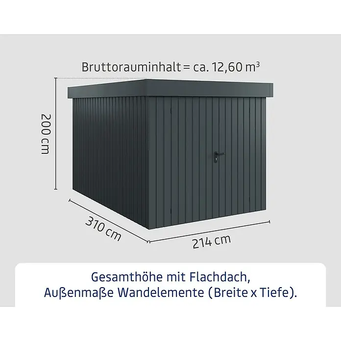 EcoStar Gerätehaus Euroline Trend EFD7 - Außenbreite inkl. Dachüberstand: 237 cm, Außentiefe inkl. Dachüberstand: 325 cm, Stahl, Anthrazitgrau, Doppeltür - Dunkelgrauer Geräteschuppen mit Flachdach und den Maßen 200x310x214 cm, Bruttorauminhalt ca. 12,60 m³.