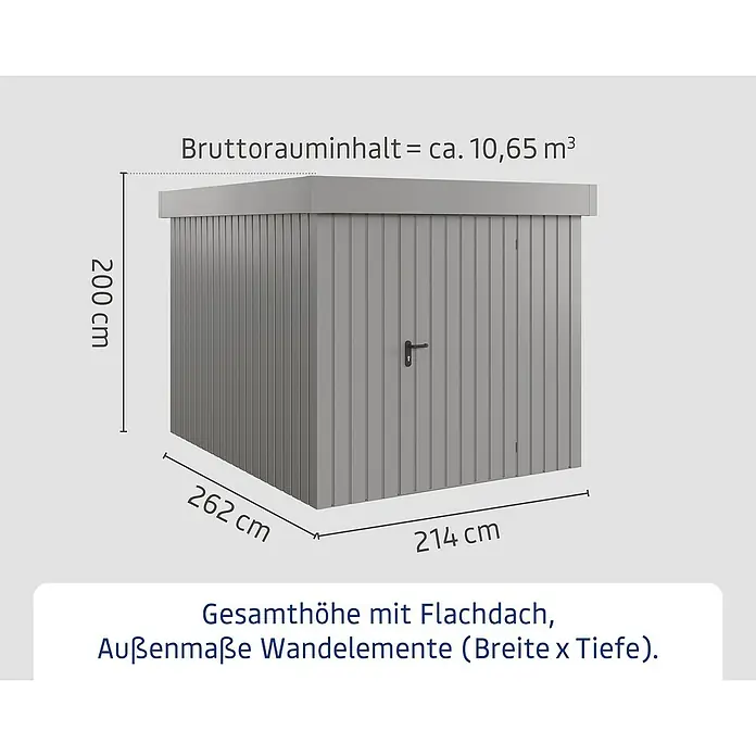 EcoStar Gerätehaus Euroline Trend EFD6 - Außenbreite inkl. Dachüberstand: 237 cm, Außentiefe inkl. Dachüberstand: 278 cm, Stahl, Graualuminium, Einzeltür - Grauer Geräteschuppen mit Flachdach, 214 cm breit, 262 cm tief und 200 cm hoch, mit einem Bruttorauminhalt von ca. 10,65 m³.