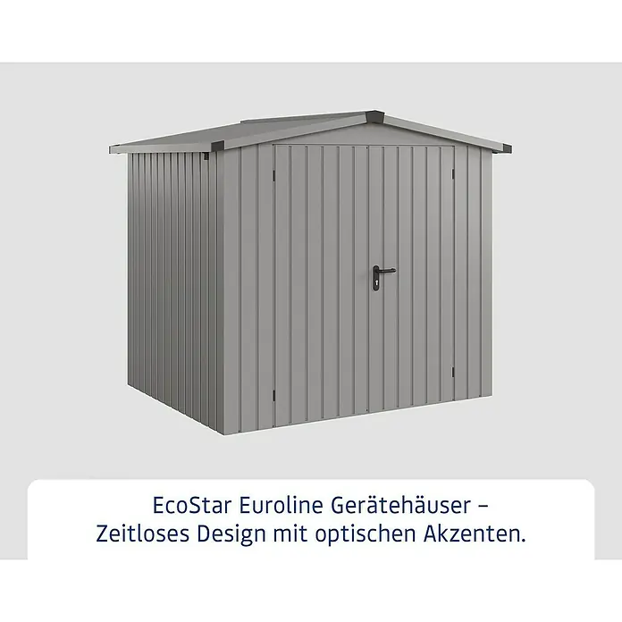 EcoStar Gerätehaus Euroline Trend ESD4 - Außenbreite inkl. Dachüberstand: 237 cm, Außentiefe inkl. Dachüberstand: 181 cm, Stahl, Graualuminium, Doppeltür - Graues Metall-Gartenhaus mit Satteldach und schwarzem Türgriff.