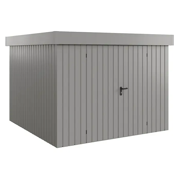 EcoStar Gerätehaus Euroline Trend EFD10 - Außenbreite inkl. Dachüberstand: 285 cm, Außentiefe inkl. Dachüberstand: 278 cm, Stahl, Graualuminium, Doppeltür - Graues Gartenhaus aus Metall mit vertikaler Verkleidung und schwarzem Türgriff, für den Außenbereich.