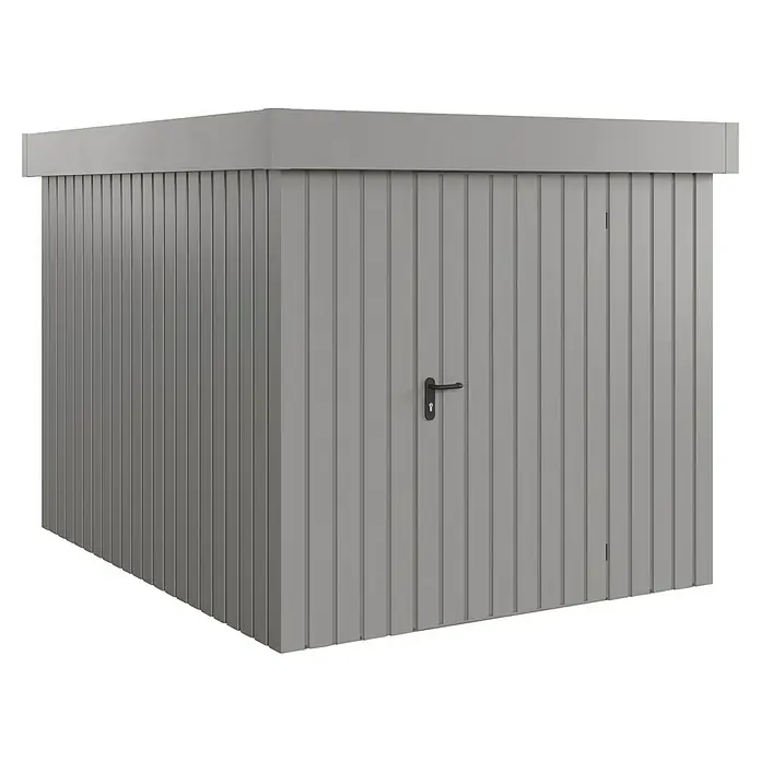 EcoStar Gerätehaus Euroline Trend EFD6 - Außenbreite inkl. Dachüberstand: 237 cm, Außentiefe inkl. Dachüberstand: 278 cm, Stahl, Graualuminium, Einzeltür - Kompakter grauer Metall-Geräteschuppen mit vertikalen Lamellen und schwarzem Türgriff.