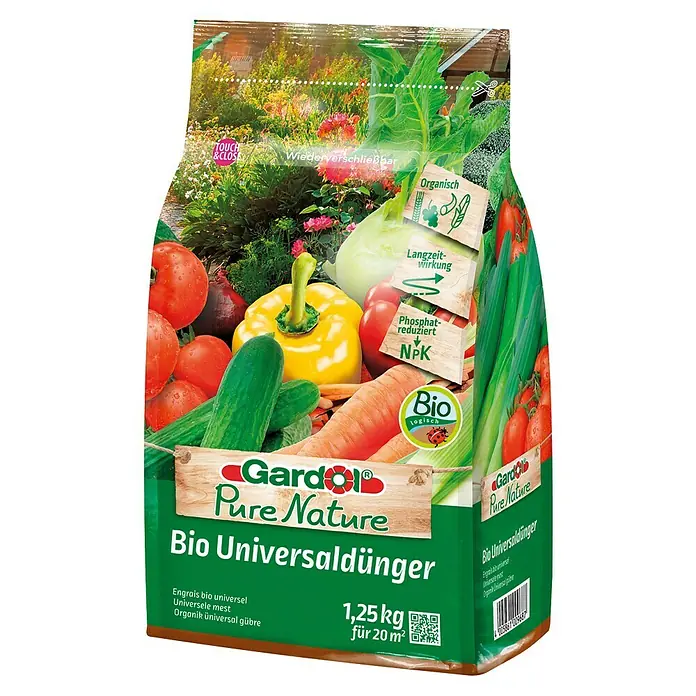 Gardol Pure Nature Universaldünger Bio - 1,25 kg, Max. Anwendungsfläche: 20 m² - Abbildung einer Packung Gardol Pure Nature Bio Universaldünger, einem organischen Dünger für den Garten.