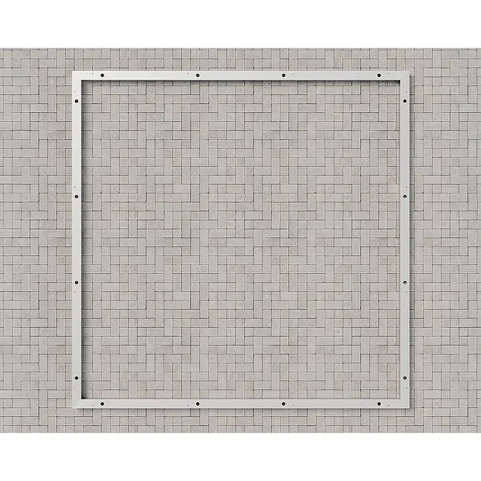 EcoStar Bodenrahmen - Passend für: EcoStar Gerätehaus Euroline Trend ESD5/ EFD5/ PD5 - Metallrahmen mit quadratischer Form vor einem Hintergrund aus grauen Ziegeln, ideal für Präsentationen und Ausstellungen.