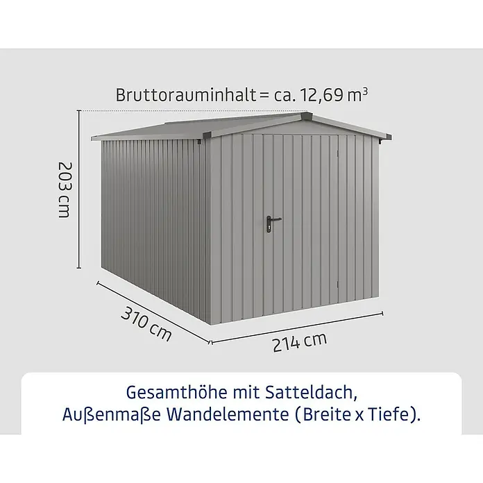 EcoStar Gerätehaus Euroline Trend ESD7 - Außenbreite inkl. Dachüberstand: 237 cm, Außentiefe inkl. Dachüberstand: 325 cm, Stahl, Graualuminium, Einzeltür - Grauer Geräteschuppen mit Satteldach und Maßen: 203 cm H, 310 cm B, 214 cm T. Bruttorauminhalt ca. 12,69 m³.