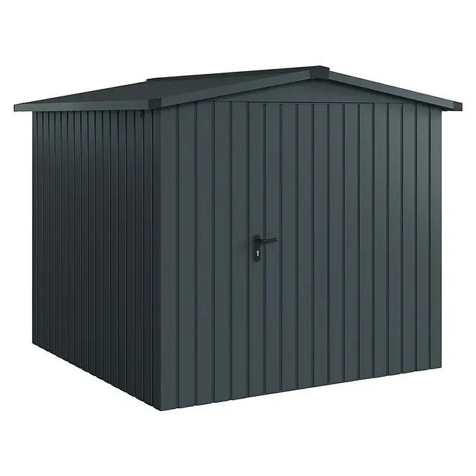 EcoStar Gerätehaus Euroline Trend ESD5 - Außenbreite inkl. Dachüberstand: 237 cm, Außentiefe inkl. Dachüberstand: 229 cm, Stahl, Anthrazitgrau, Einzeltür - Dunkelgraues Metallgerätehaus mit Pultdach und Einzeltür.