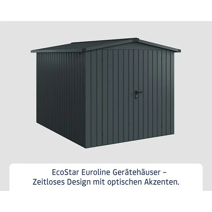 EcoStar Gerätehaus Euroline Trend ESD6 - Außenbreite inkl. Dachüberstand: 237 cm, Außentiefe inkl. Dachüberstand: 278 cm, Stahl, Anthrazitgrau, Doppeltür - Dunkelgraues Metall-Gartenhaus mit Satteldach und Rillenstruktur.