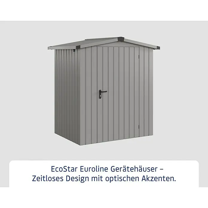 EcoStar Gerätehaus Eurline Trend ESD1 - Außenbreite inkl. Dachüberstand: 189 cm, Außentiefe inkl. Dachüberstand: 134 cm, Stahl, Graualuminium - Graues EcoStar Metallgerätehaus mit gerippten Paneelen, Schrägdach und schwarzem Türgriff.
