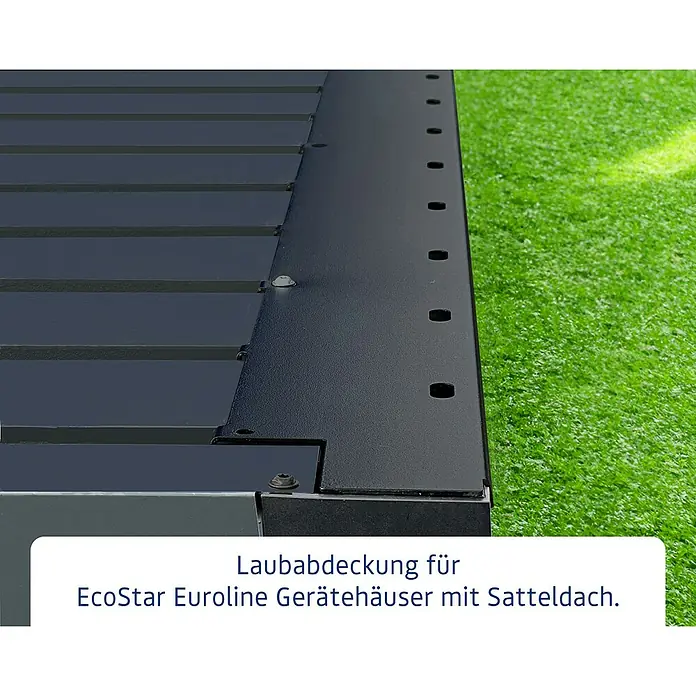EcoStar Laubabdeckung - Passend für: EcoStar Gerätehaus Euroline Trend ESD7, ESD11 & ESD14, Schwarz - Dunkelgraue gerippte Laubabdeckung aus Metall für EcoStar Euroline Gerätehäuser mit Satteldach, Befestigungspunkte sichtbar.