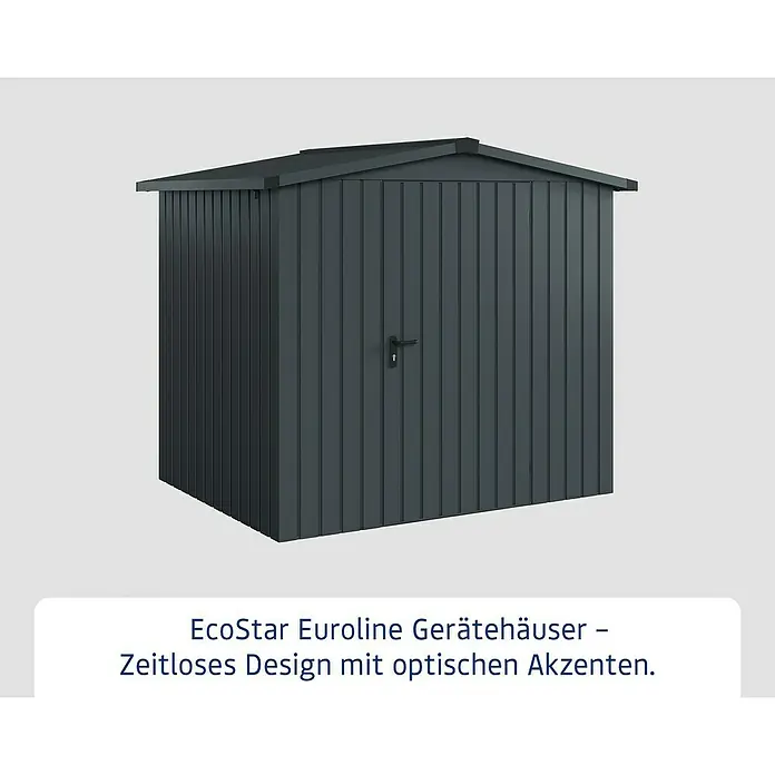 EcoStar Gerätehaus Euroline Trend ESD4 - Außenbreite inkl. Dachüberstand: 237 cm, Außentiefe inkl. Dachüberstand: 181 cm, Stahl, Anthrazitgrau, Einzeltür - Dunkelgraues Metall-Gerätehaus mit vertikaler Verkleidung und schwarzem Türgriff.