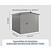 EcoStar Gerätehaus Euroline Trend ESD5 (Außenbreite inkl. Dachüberstand: 237 cm, Außentiefe inkl. Dachüberstand: 229 cm, Stahl, Graualuminium, Einzeltür) | BAUHAUS