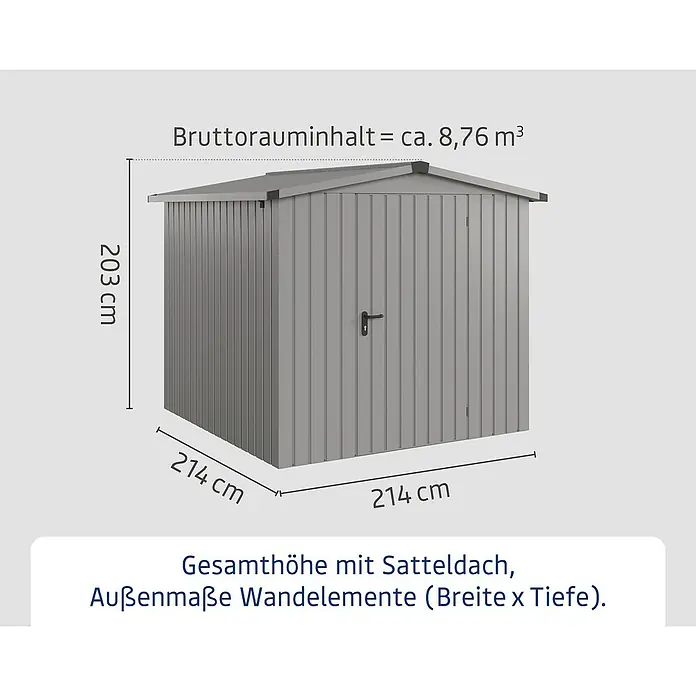 EcoStar Gerätehaus Euroline Trend ESD5 - Außenbreite inkl. Dachüberstand: 237 cm, Außentiefe inkl. Dachüberstand: 229 cm, Stahl, Graualuminium, Einzeltür - Abbildung eines grauen Gerätehauses mit den Maßen 214 x 214 x 203 cm und einem Bruttorauminhalt von ca. 8,76 m³.
