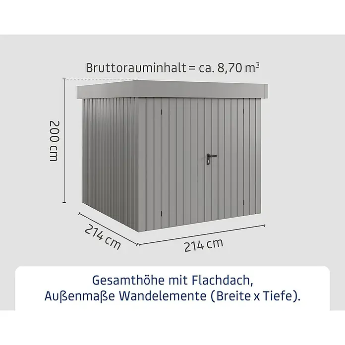 EcoStar Gerätehaus Euroline Trend EFD5 - Außenbreite inkl. Dachüberstand: 237 cm, Außentiefe inkl. Dachüberstand: 229 cm, Stahl, Graualuminium, Doppeltür - Grauer Geräteschuppen mit Flachdach, 200 cm hoch, 214 cm breit und tief, Bruttorauminhalt ca. 8,70 m³.