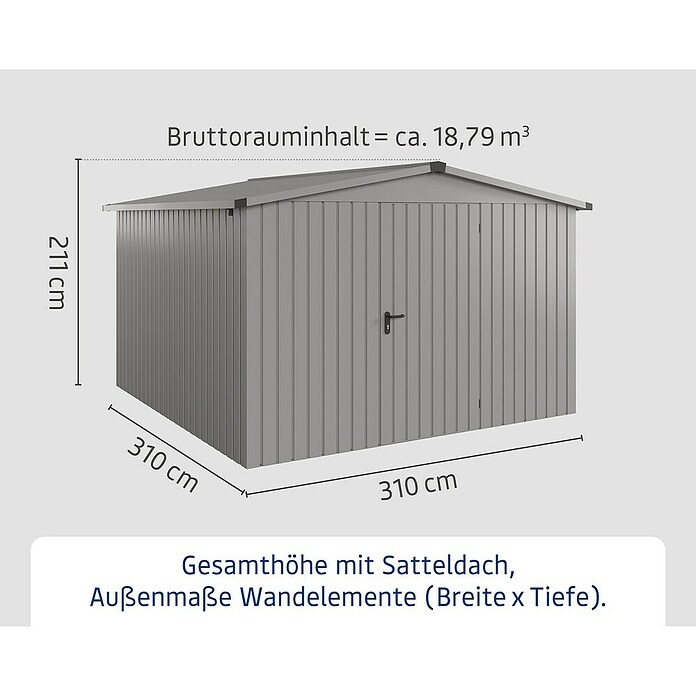 EcoStar Gerätehaus Euroline Trend ESD14 (Außenbreite inkl. Dachüberstand: 333 cm, Außentiefe inkl. Dachüberstand: 325 cm, Stahl, Graualuminium, Einzeltür) | BAUHAUS