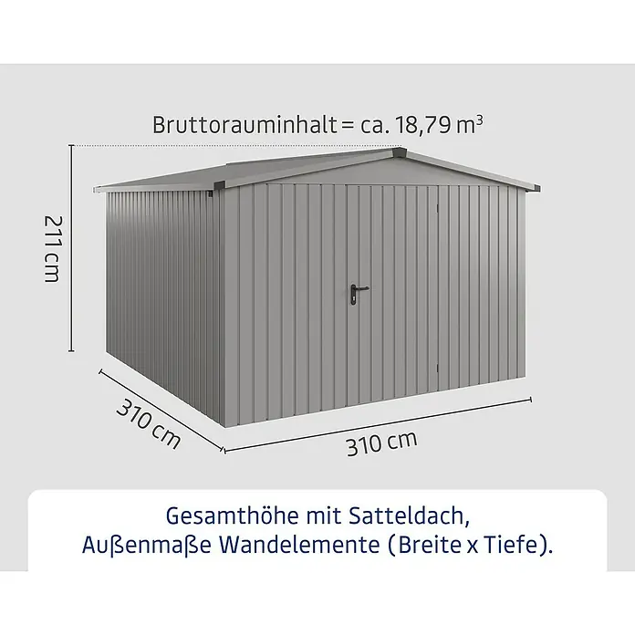 EcoStar Gerätehaus Euroline Trend ESD14 - Außenbreite inkl. Dachüberstand: 333 cm, Außentiefe inkl. Dachüberstand: 325 cm, Stahl, Graualuminium, Einzeltür - Graues Metall-Gartenhaus mit Giebeldach, B310xT310xH211cm, Volumen 18,79m³.