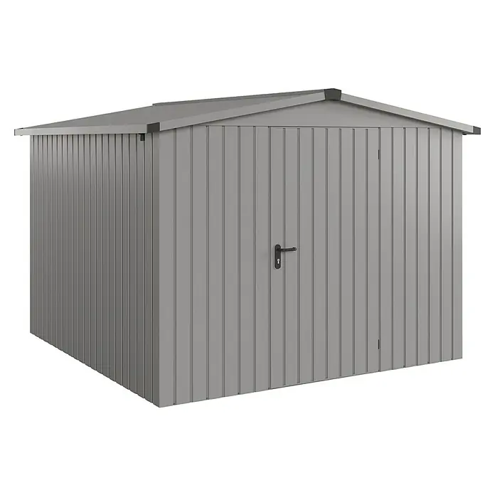 EcoStar Gerätehaus Euroline Trend ESD10 - Außenbreite inkl. Dachüberstand: 285 cm, Außentiefe inkl. Dachüberstand: 278 cm, Stahl, Graualuminium, Einzeltür - Grauer Metall-Gartenschuppen mit einer Tür und schwarzem Griff.