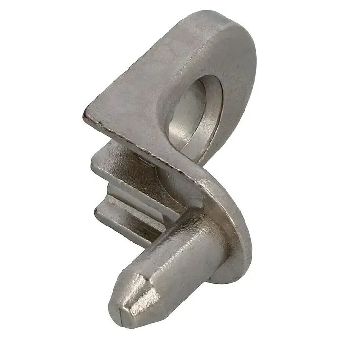 Suki Soporte para estantes - Específico para: Diámetro del orificio 3 ó 5 mm - Soporte de estante de metal gris plateado con un lado acanalado, un pasador redondo y un pequeño agujero.