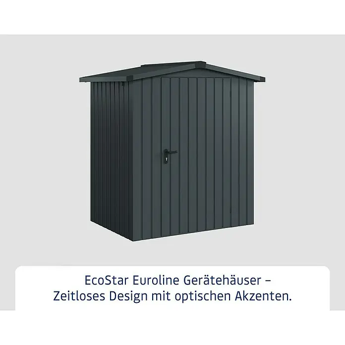 EcoStar Gerätehaus Eurline Trend ESD1 - Außenbreite inkl. Dachüberstand: 189 cm, Außentiefe inkl. Dachüberstand: 134 cm, Stahl, Anthrazitgrau - Dunkelgraues Metall-Gartenhaus mit Giebeldach und Einzeltür.