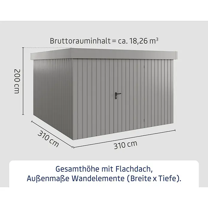 EcoStar Gerätehaus Euroline Trend EFD14 - Außenbreite inkl. Dachüberstand: 333 cm, Außentiefe inkl. Dachüberstand: 325 cm, Stahl, Graualuminium, Einzeltür - Graues Gerätehaus mit Flachdach, 200 cm hoch, 310x310 cm Grundfläche, ca. 18,26 m³ Volumen.