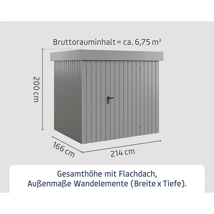 EcoStar Gerätehaus Euroline Trend EFD4 - Außenbreite inkl. Dachüberstand: 237 cm, Außentiefe inkl. Dachüberstand: 181 cm, Stahl, Graualuminium, Einzeltür - Graues Gartenhaus mit Flachdach, mit Abmessungen von 200 cm Höhe, 214 cm Breite und 166 cm Tiefe.