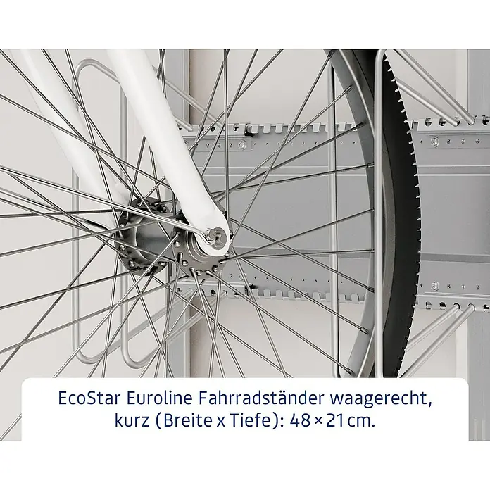 EcoStar Fahrradhalter - B x L: 48 x 21 cm, Passend für: EcoStar Gerätehaus Euroline Trend - EcoStar Euroline Fahrradständer zur horizontalen Montage, kurz, mit den Maßen 48 x 21 cm. Ideal für platzsparende Fahrradaufbewahrung.